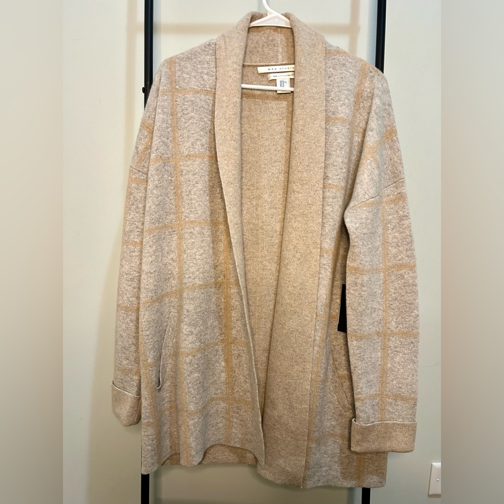 Max Studio 100% 2ply Thick Cashmere Plaid Coat Cardigan Cream Gray NEW